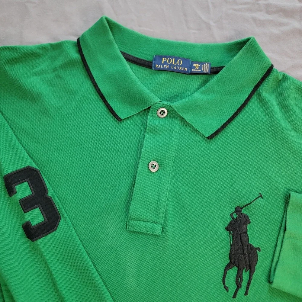 Polo Ralph Lauren Big Pony Shirt Men's Green Long Sleeve Number Patch Big & Tall